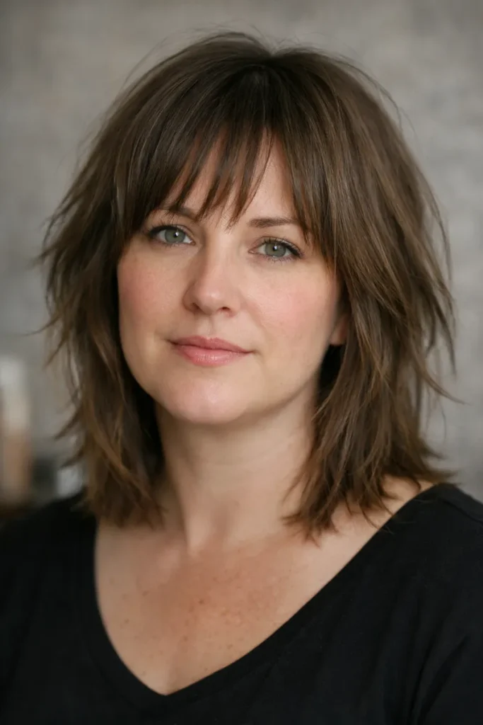 Shoulder-length shag haircut with choppy bangs