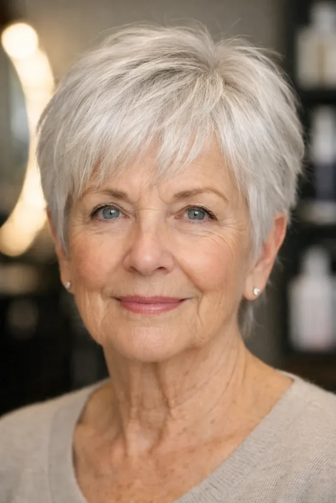 Soft pixie cut with wispy fringe